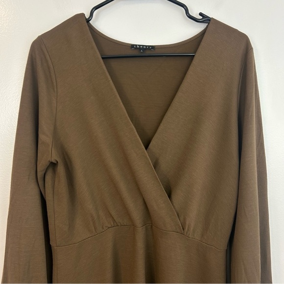Theory Wool Blend Long Sleeve Brown Surplice Neckline A-line Dress Size Large - Picture 2 of 11